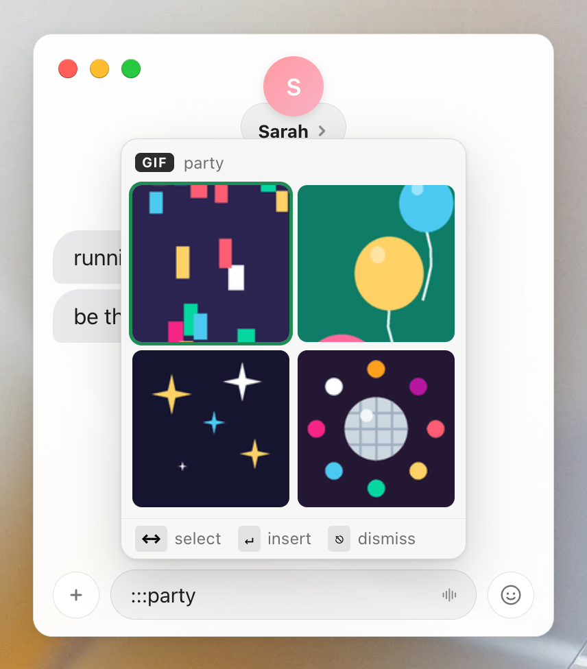 Mojito's GIF search panel open over iMessage on macOS after typing :::party, showing four GIF results
