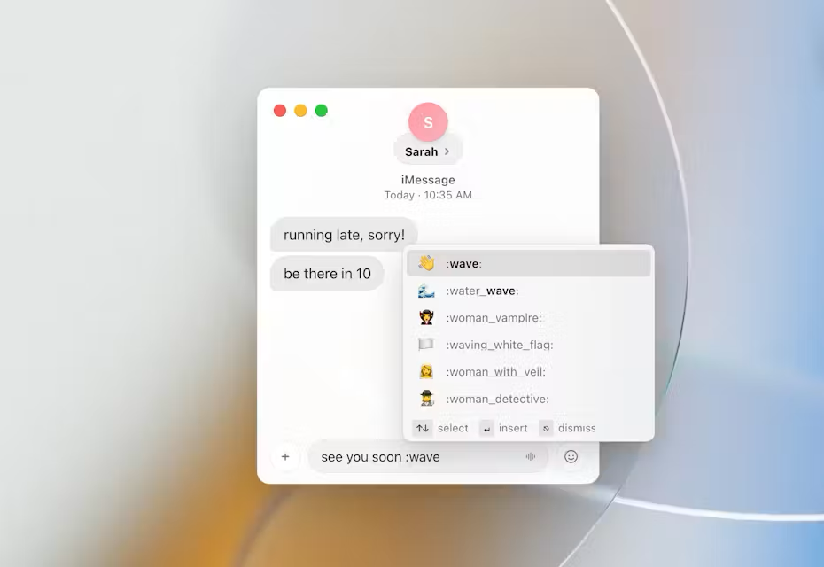 iMessage on macOS with :wave typed in the compose field and an autocomplete listing :wave:, :water_wave:, and other shortcodes