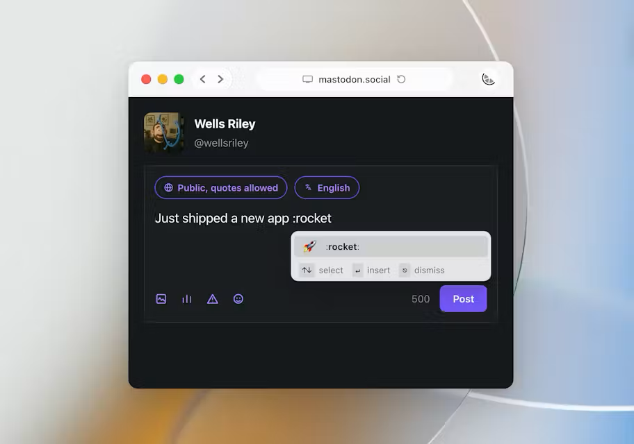 Typing :rocket in a Mastodon post in Safari on macOS, with an inline emoji autocomplete suggesting 🚀