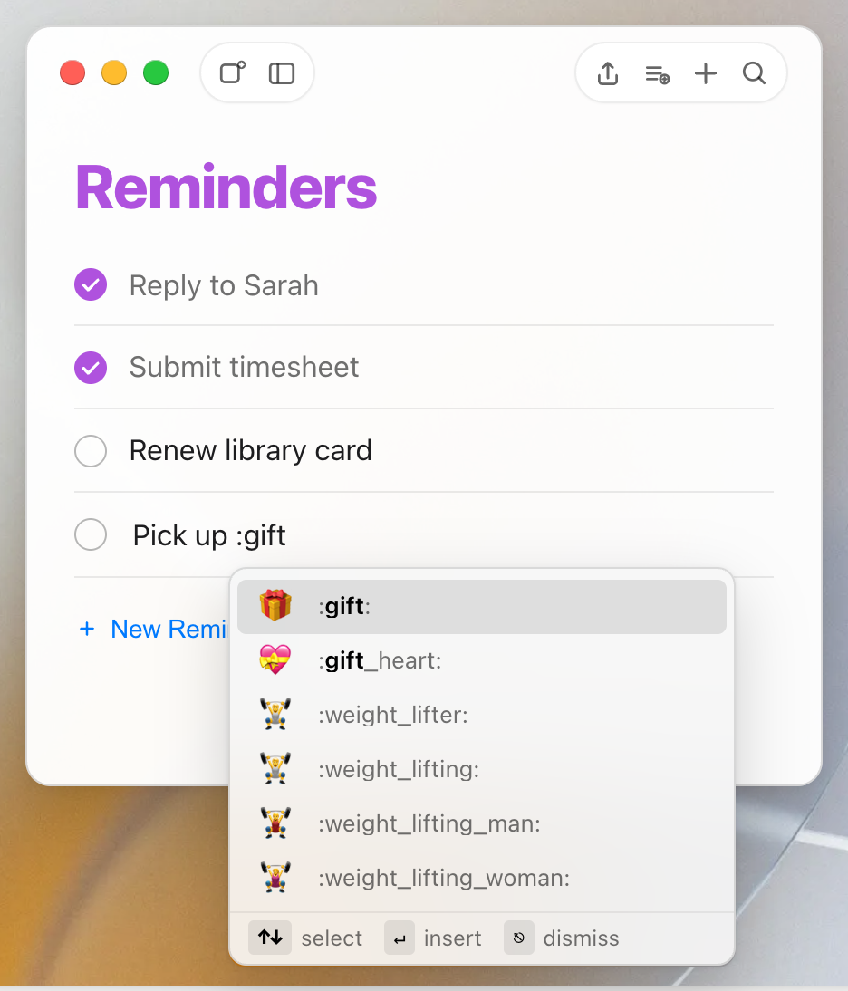 Mojito's inline emoji autocomplete in Reminders on macOS, suggesting :gift: at the text cursor