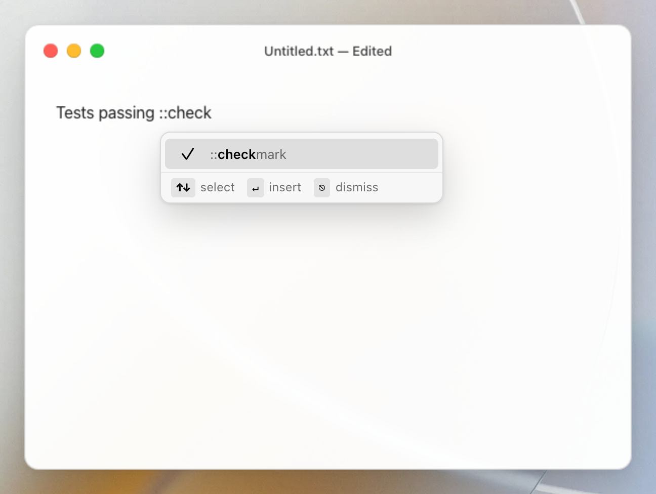 Mojito suggesting ::checkmark for a real ✓ while typing ::check in TextEdit on macOS