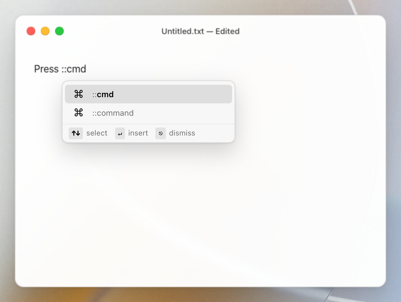 Mojito suggesting ::cmd while typing in TextEdit on macOS, inserting the ⌘ command glyph