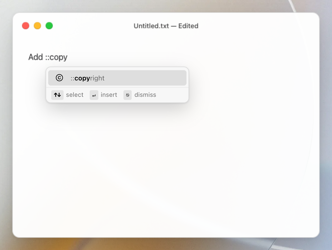Mojito suggesting ::copyright while typing ::copy in TextEdit on macOS, inserting the © symbol