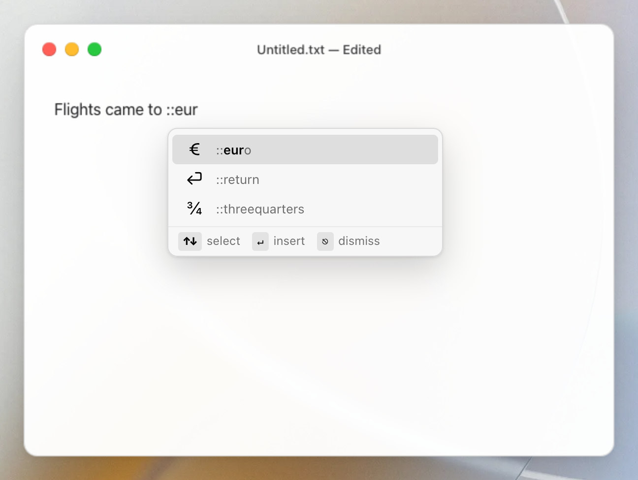 Mojito suggesting ::euro while typing ::eur in TextEdit on macOS — the same shortcode works on any keyboard layout