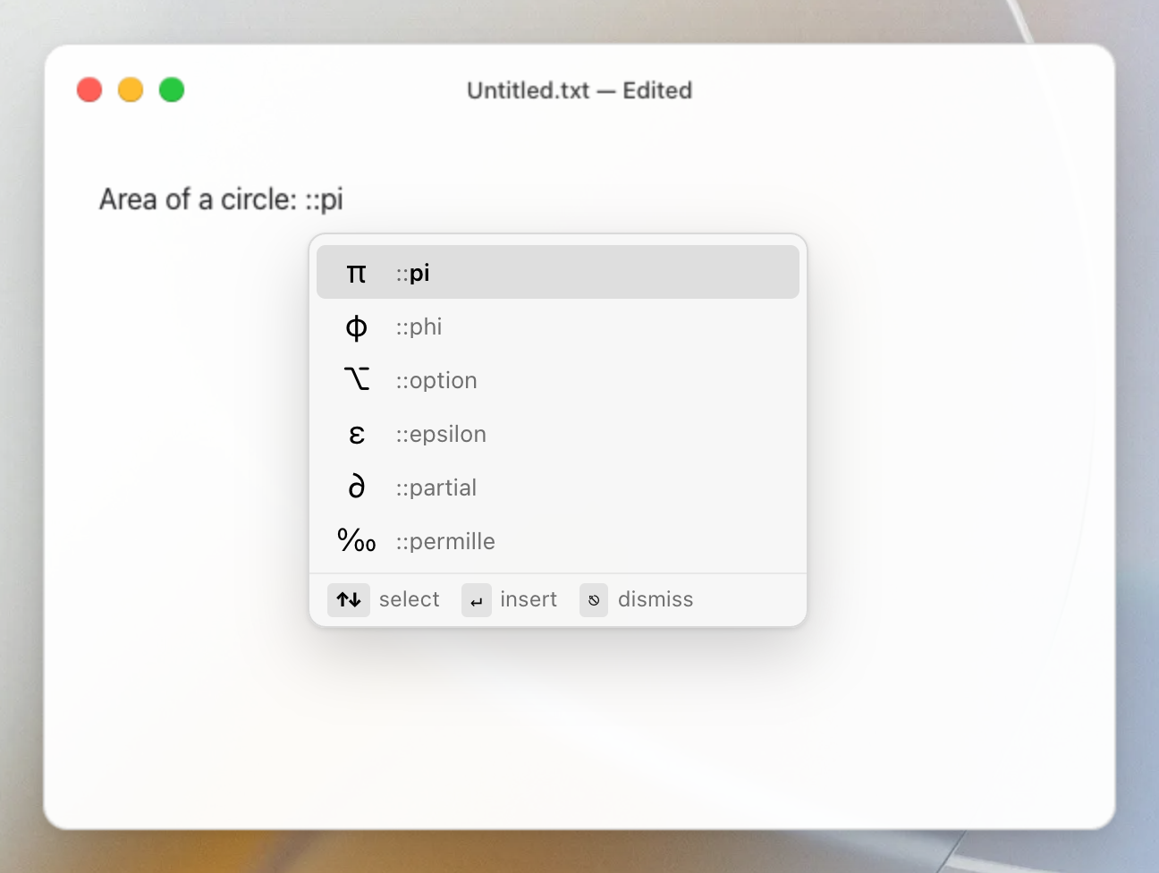 Mojito suggesting ::pi and other math symbols while typing ::pi in TextEdit on macOS