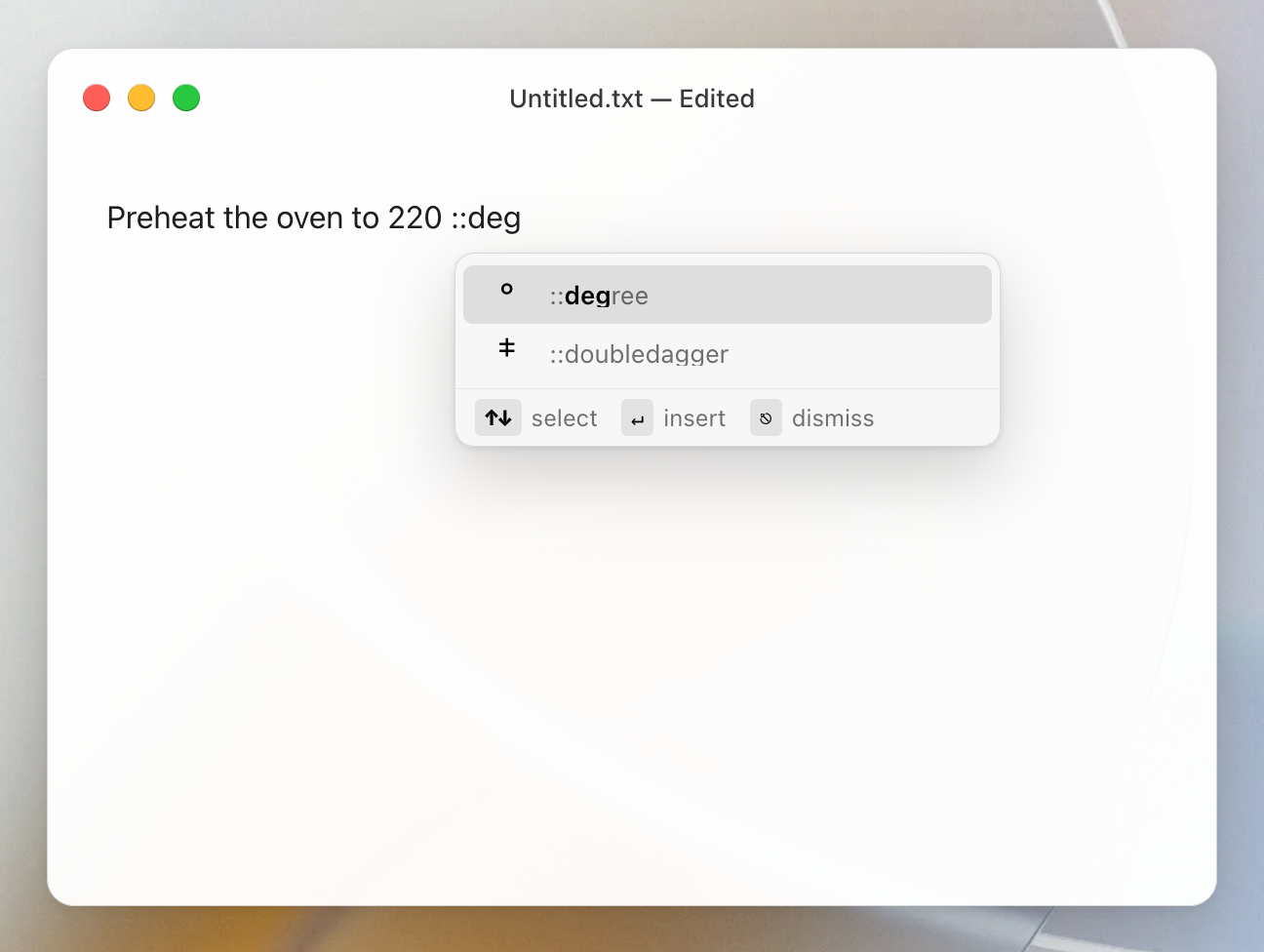 Typing ::deg in TextEdit on macOS with Mojito suggesting ::degree, which inserts the ° degree sign