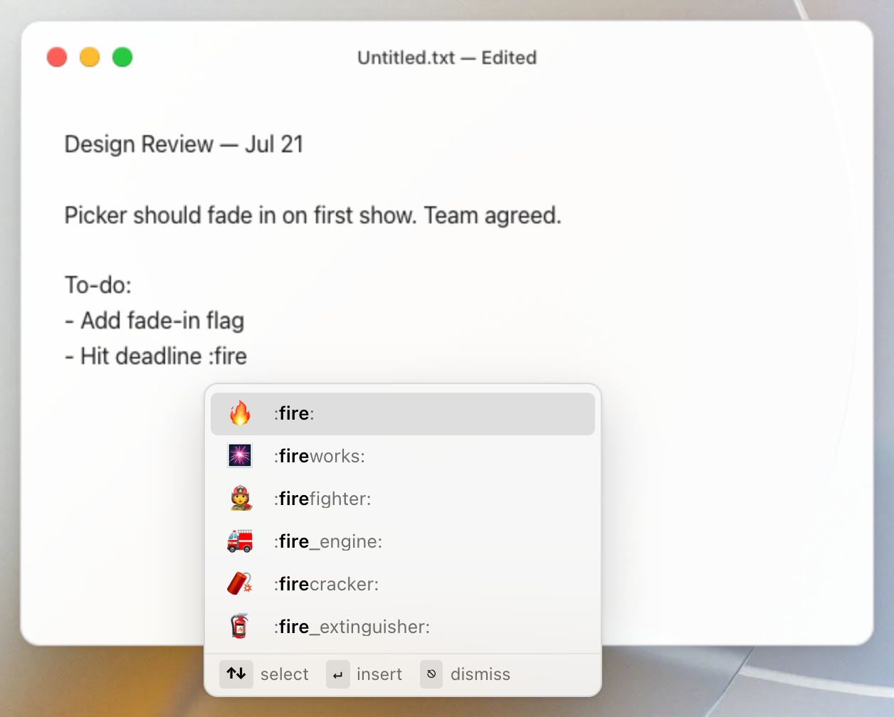 Mojito's inline emoji picker in TextEdit on macOS, anchored at the text cursor with :fire: as the top result